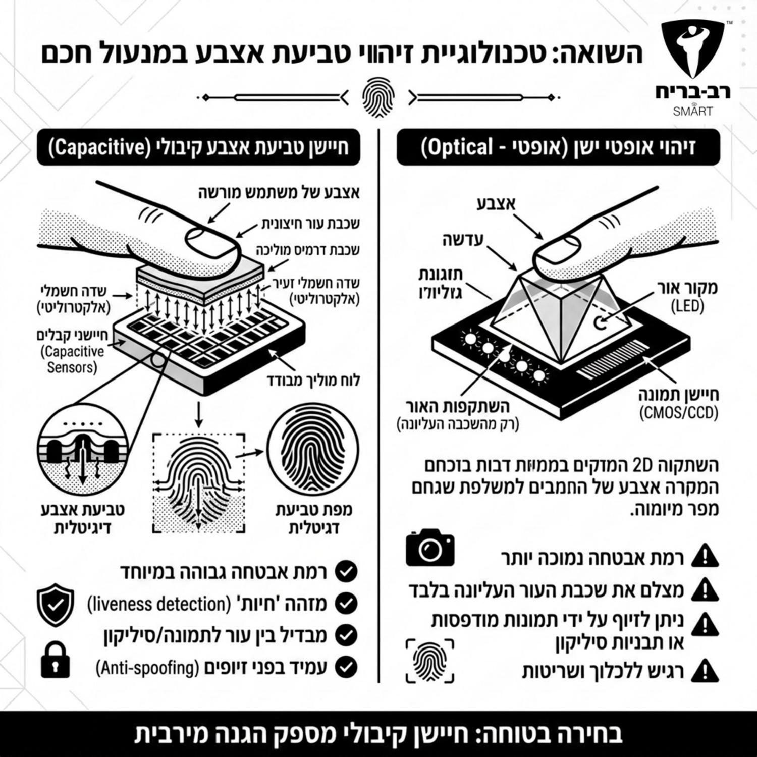 אינפוגרפיקה המציגה כיצד פועל חיישן טביעת אצבע קיבולי בתוך מנעול חכם לעומת זיהוי אופטי ישן. האינפוגרפיקה ממחישה את זרמי החשמל הזעירים שעוברים בעור ומדגישה את רמת האבטחה הגבוהה שמונעת זיופים