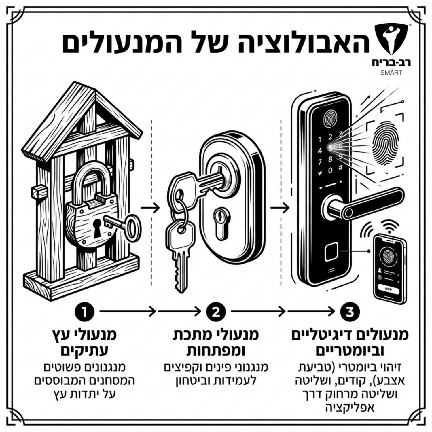 אינפוגרפיקה מאוירת המציגה את האבולוציה של המנעולים, החל ממנעול עץ עתיק, דרך מפתח מתכת רגיל, ועד למנעול דיגיטלי מתקדם המקרין קרני זיהוי ביומטריות ומתממשק לטלפון נייד