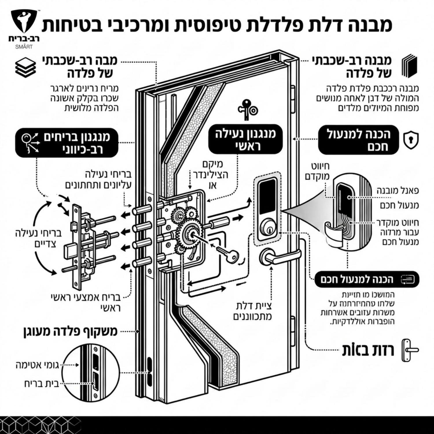 אינפוגרפיקה המציגה את מבנה הפנים של דלת פלדלת טיפוסית, כולל מנגנון הבריחים הרב כיווני, מיקום הצילינדר והכנה למנעול חכם