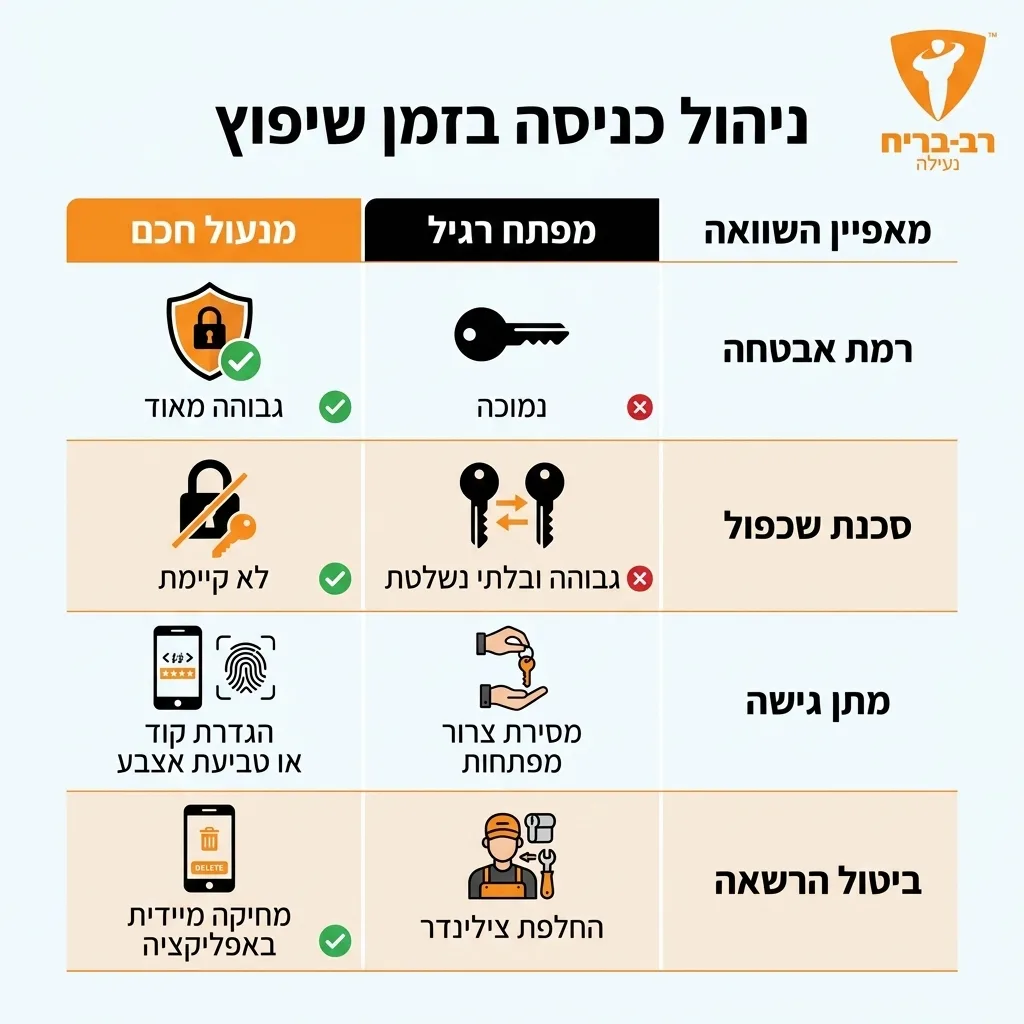 אינפוגרפיקה — ניהול כניסה בזמן שיפוץ: השוואה בין מפתח רגיל, מנעול חכם