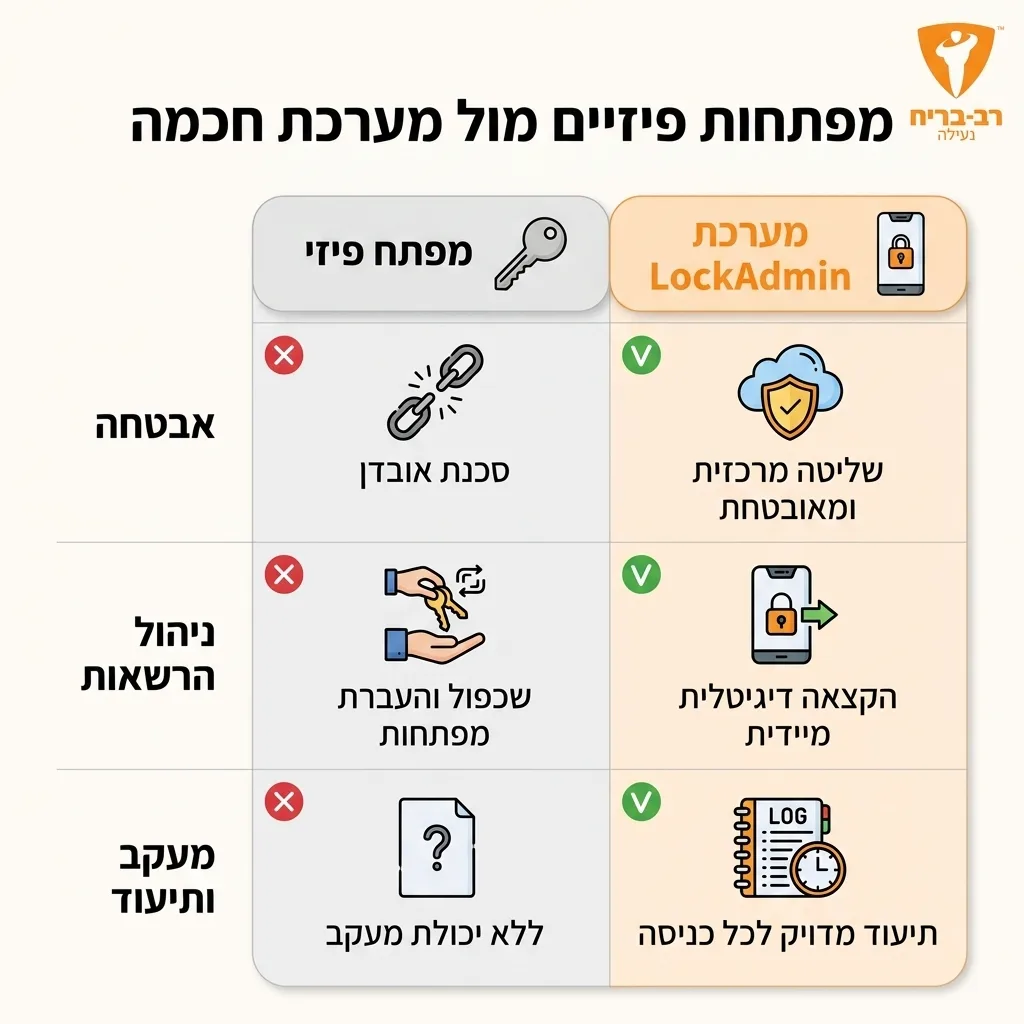 אינפוגרפיקה — מפתחות פיזיים מול מערכת חכמה: השוואה בין מפתח פיזי, מערכת LockAdmin