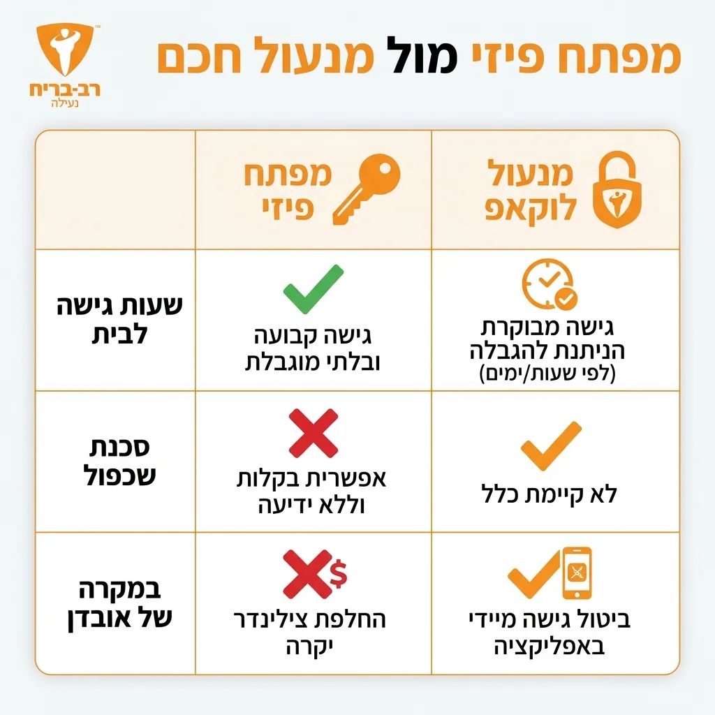אינפוגרפיקה — מפתח פיזי מול מנעול חכם: השוואה בין מפתח פיזי, מנעול לוקאפ
