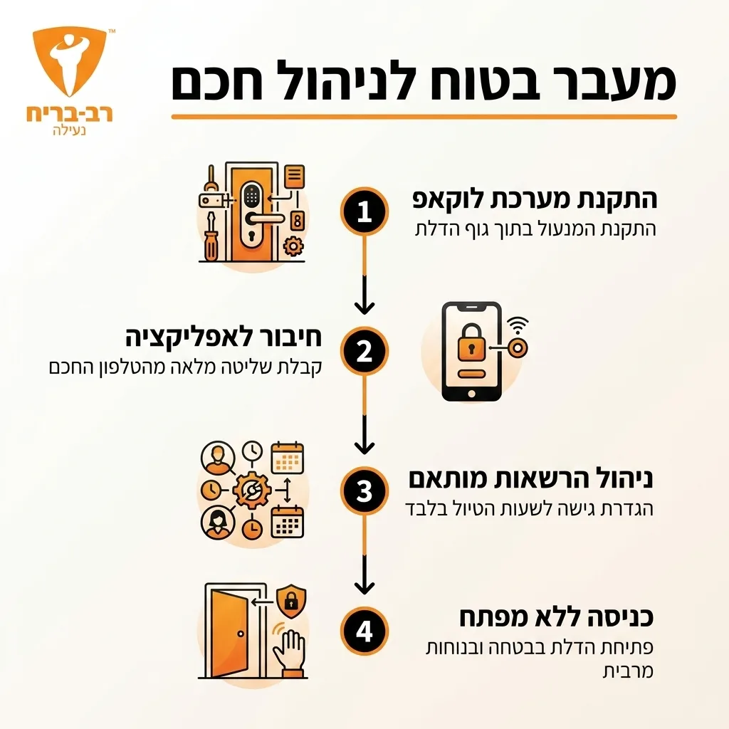 אינפוגרפיקה — מעבר בטוח לניהול חכם: התקנת מערכת לוקאפ, חיבור לאפליקציה, ניהול הרשאות מותאם, כניסה ללא מפתח